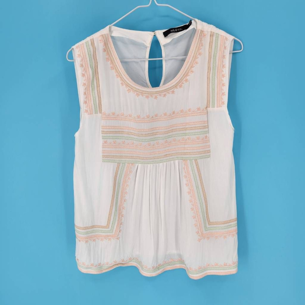 Ark &Co Womens Tank Top Ivory Peach Sleeveless Scoop Neck Embroidered Rayon S